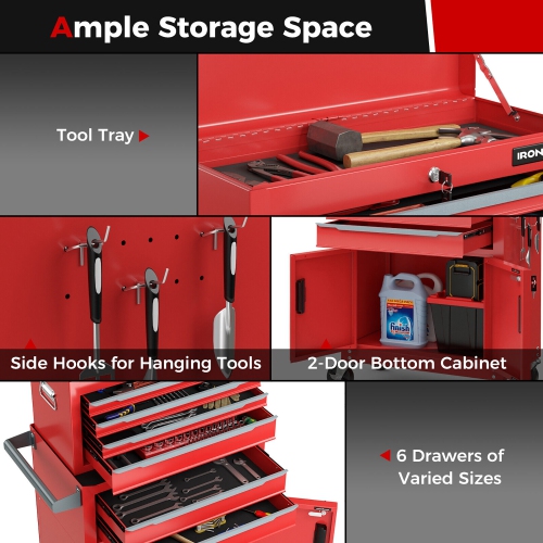 Gymax 2 in 1 Rolling Cabinet Storage Organizer Chest Box Garage 6 Drawer Toolbox Red