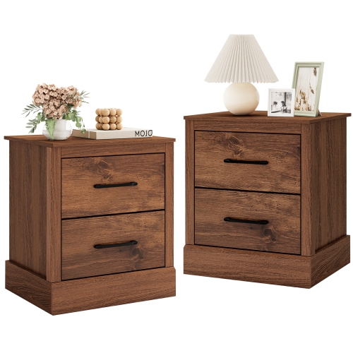 Gymax Set of 2 Drawer Nightstand Bedside Table Compact Sofa End Table Rustic Walnut