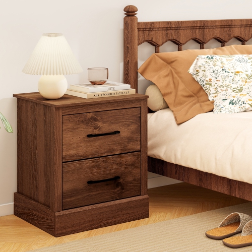 Gymax Set of 2 Drawer Nightstand Bedside Table Compact Sofa End Table Rustic Walnut