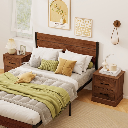 Gymax Set of 2 Drawer Nightstand Bedside Table Compact Sofa End Table Rustic Walnut