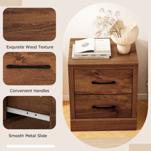 Gymax Set of 2 Drawer Nightstand Bedside Table Compact Sofa End Table Rustic Walnut