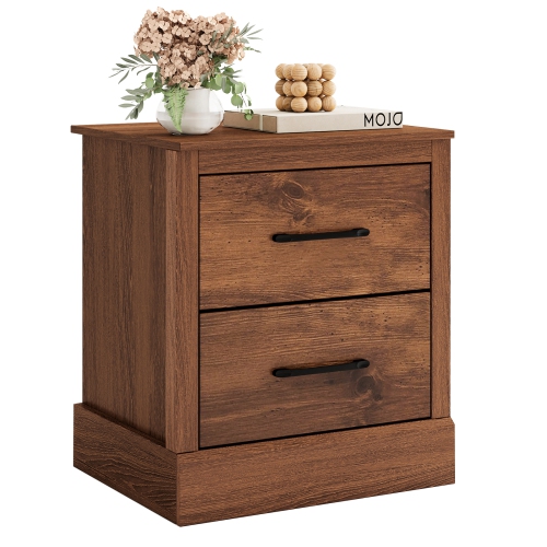 Gymax Set of 2 Drawer Nightstand Bedside Table Compact Sofa End Table Rustic Walnut