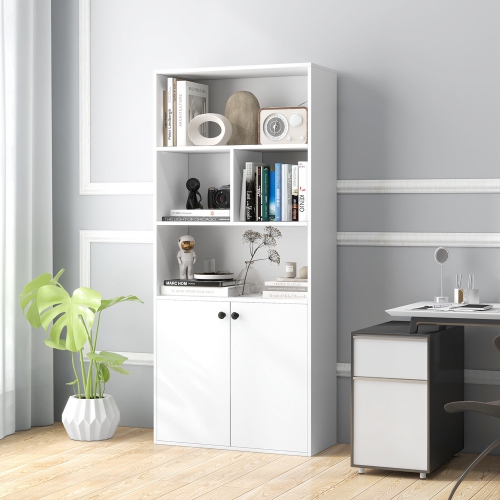 Gymax 5-Tier Bookcase Freestanding Storage Cabinet w/ Adjustable Shelf & 2-Door Cabinet