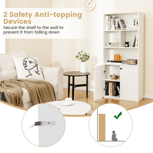 Gymax 5-Tier Bookcase Freestanding Storage Cabinet w/ Adjustable Shelf & 2-Door Cabinet