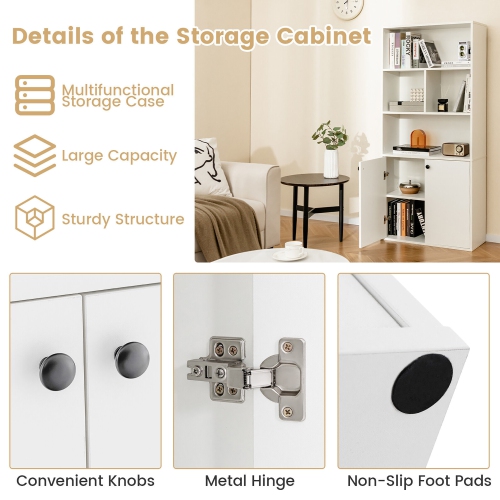 Gymax 5-Tier Bookcase Freestanding Storage Cabinet w/ Adjustable Shelf & 2-Door Cabinet