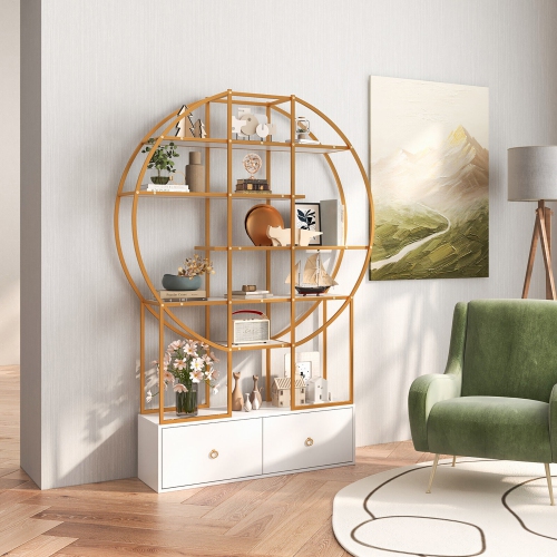 Gymax 71'' Tall Metal Bookcase 6-Tier Gold Bookshelf w/ 2 Storage Drawers Home Office