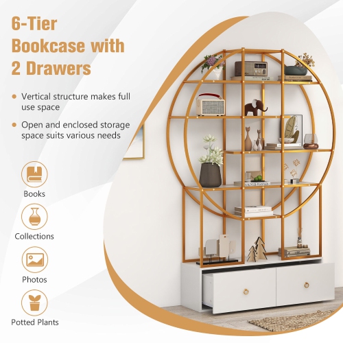 Gymax 71'' Tall Metal Bookcase 6-Tier Gold Bookshelf w/ 2 Storage Drawers Home Office