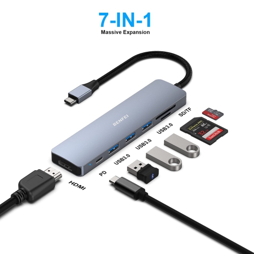 USB C HUB 7in1, USB C HUB Multiport Adapter with USB-C to HDMI, USB-C to SD/TF Card Reader/3*USB 3.0/60W, Compatible with iPhone 15 Pro/Max, MacBook,