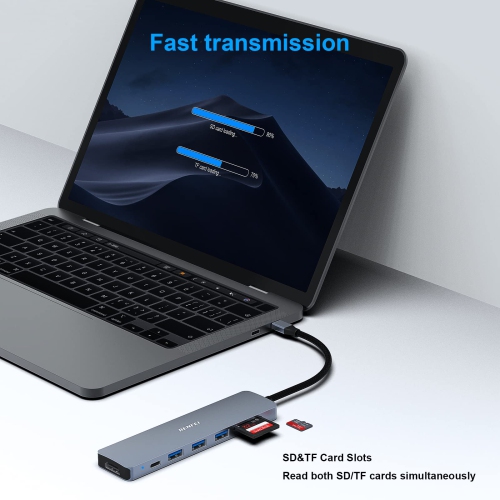 USB C HUB 7in1, USB C HUB Multiport Adapter with USB-C to HDMI, USB-C to SD/TF Card Reader/3*USB 3.0/60W, Compatible with iPhone 15 Pro/Max, MacBook,