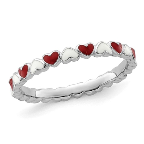 GEM AND HARMONY  Sterling Silver And White Enamel Heart Ring Band In Red