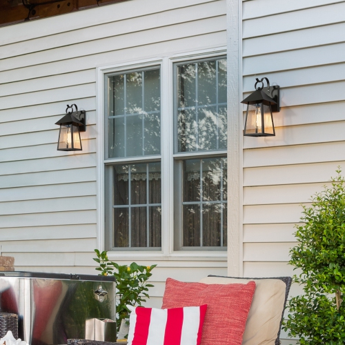 Farmhouse Cage Black Outdoor Wall Light 1-Light Industrial Outdoor Wall Sconce Light with Seeded Glass Shade 2-Pack