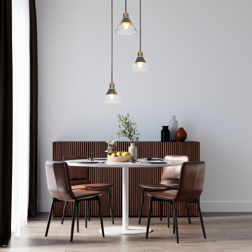 Lustre d'îlot de cuisine moderne, lampe suspendue en laiton et noir à 3 lampes avec abat-jour en verre transparent