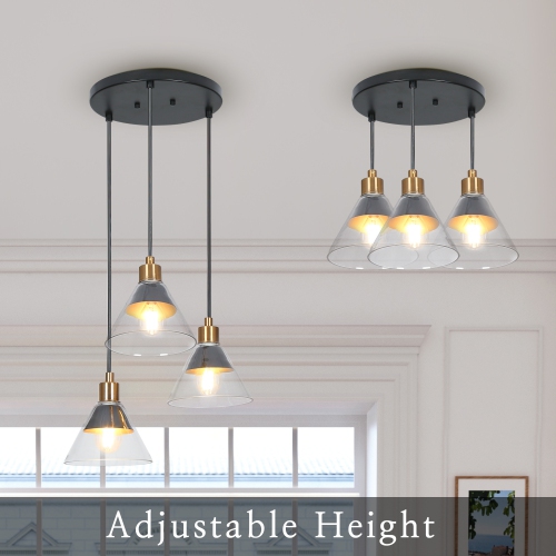 Lustre d'îlot de cuisine moderne, lampe suspendue en laiton et noir à 3 lampes avec abat-jour en verre transparent