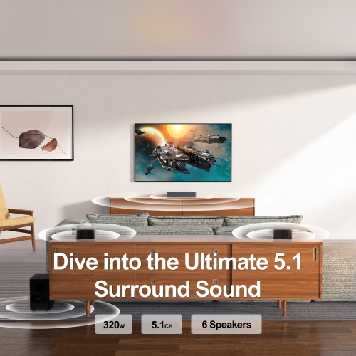 ULTIMEA 5.1 Surround Sound Bar, Peak Power 320W, 3D Surround Sound System Sound Bars for TV with Subwoofer and Rear Surround Speakers,Poseidon D50