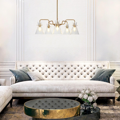 Modern Farmhouse Island Chandelier Lights, 5-Light Transitional Electroplated Brass Chandelier with Seeded Glass Shades