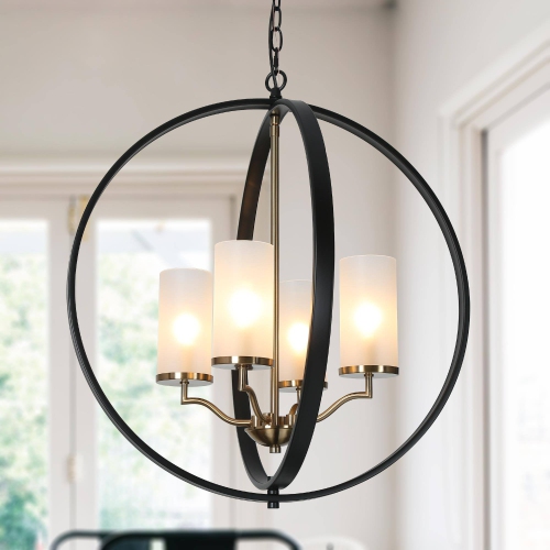Modern Dining Room Globe Chandelier, 4-Light Black and Brass Round Chandelier with Frosted Glass Shade