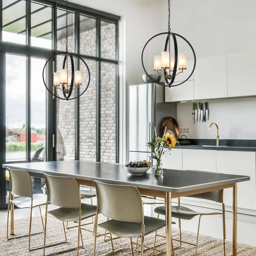 Modern Dining Room Globe Chandelier, 4-Light Black and Brass Round Chandelier with Frosted Glass Shade