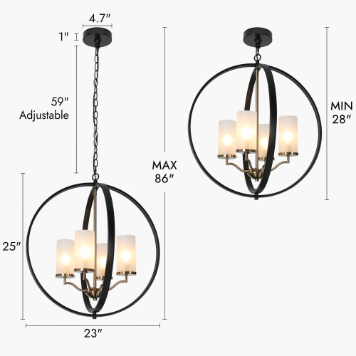 Modern Dining Room Globe Chandelier, 4-Light Black and Brass Round Chandelier with Frosted Glass Shade