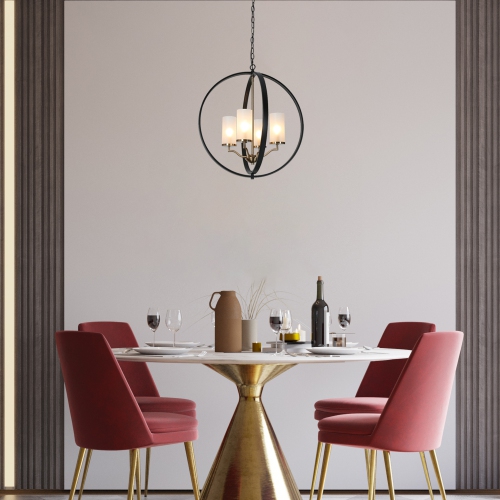 Modern Dining Room Globe Chandelier, 4-Light Black and Brass Round Chandelier with Frosted Glass Shade