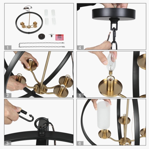 Modern Dining Room Globe Chandelier, 4-Light Black and Brass Round Chandelier with Frosted Glass Shade