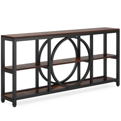 Table console étroite Tribesrègne, table de sofa en bois à 3 niveaux pour canapé d’entrée, brun rustique et noir