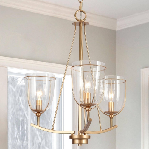 Modern Dining Room Chandelier, 3-Light Modern Brass Gold Candlestick Chandelier Light with Clear Glass Shades