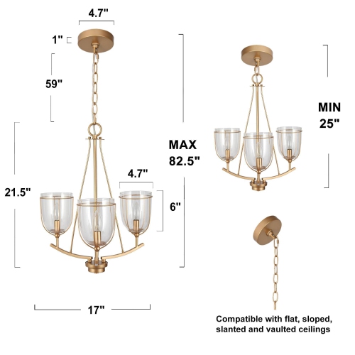 Modern Dining Room Chandelier, 3-Light Modern Brass Gold Candlestick Chandelier Light with Clear Glass Shades