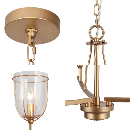 Modern Dining Room Chandelier, 3-Light Modern Brass Gold Candlestick Chandelier Light with Clear Glass Shades