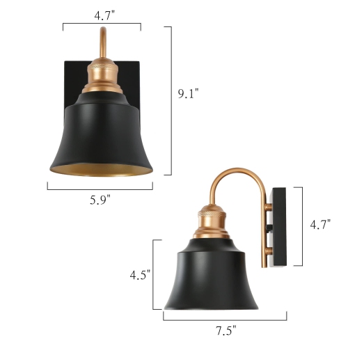 Black Bathroom Vanity Light, 5.9-in 1-Light Black and Brass Gold with Metal Cone Shade LED Modern/Contemporary Vanity Light