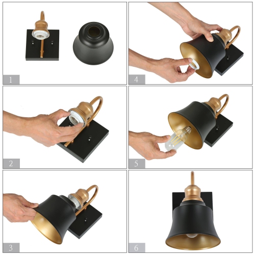 Black Bathroom Vanity Light, 5.9-in 1-Light Black and Brass Gold with Metal Cone Shade LED Modern/Contemporary Vanity Light