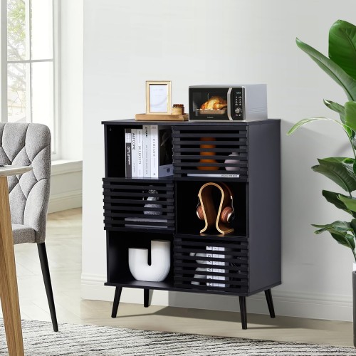 Storage Cabinet, Buffet Sideboard Wood Cabinet with 3 Hollow Doors, Open Storage Shelves for Home, Living Room, Bedroom, Office