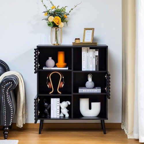 Storage Cabinet, Buffet Sideboard Wood Cabinet with 3 Hollow Doors, Open Storage Shelves for Home, Living Room, Bedroom, Office