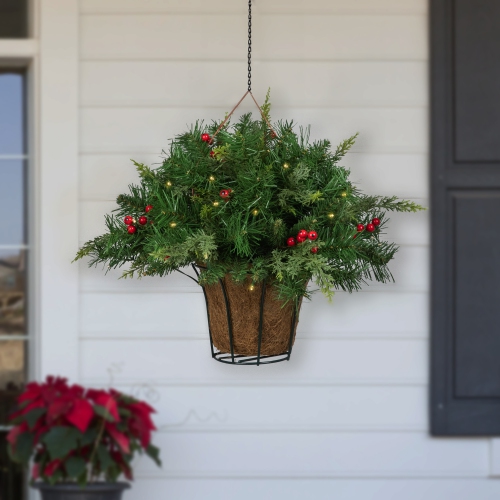 LED Lighted Red Berries and Mixed Pine Hanging Christmas Basket - 18"