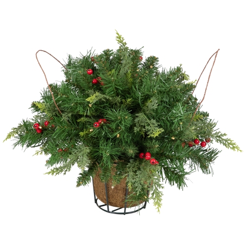 LED Lighted Red Berries and Mixed Pine Hanging Christmas Basket - 18"