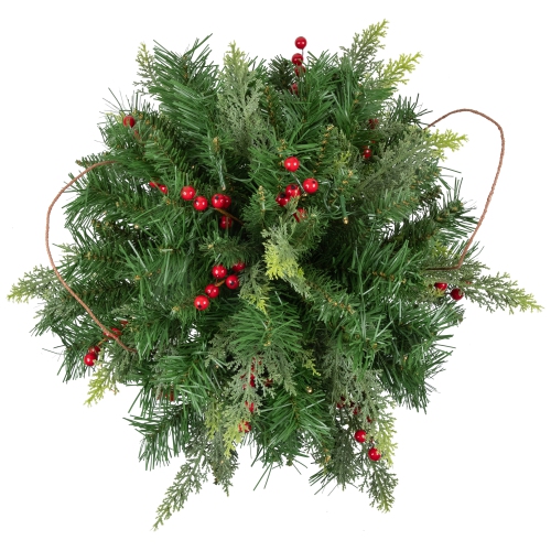 LED Lighted Red Berries and Mixed Pine Hanging Christmas Basket - 18"
