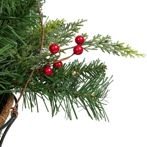 LED Lighted Red Berries and Mixed Pine Hanging Christmas Basket - 18"