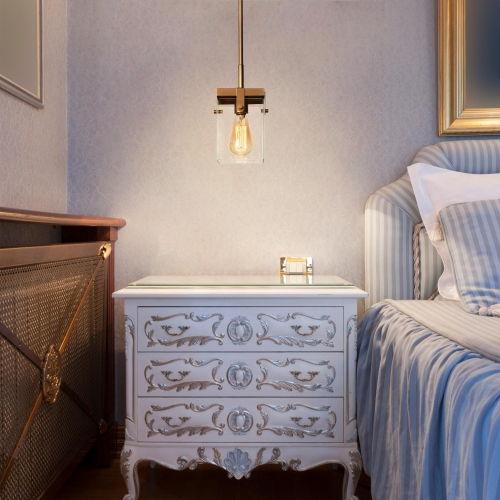 Modern Gold Island Pendant Light, 1-Light Square Bell Pendant Light with Clear Glass Shade