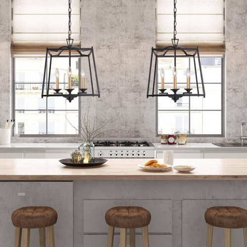Modern Farmhouse Dining Room Chandelier, 3-Light Black Rectangle Lantern In Gold Candle Style