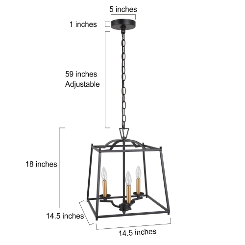 Modern Farmhouse Dining Room Chandelier, 3-Light Black Rectangle Lantern In Gold Candle Style