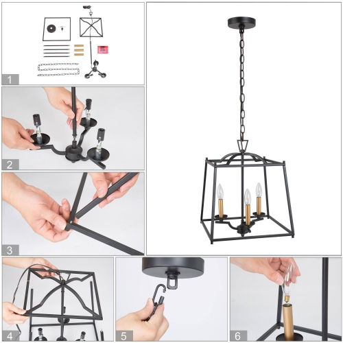 Modern Farmhouse Dining Room Chandelier, 3-Light Black Rectangle Lantern In Gold Candle Style