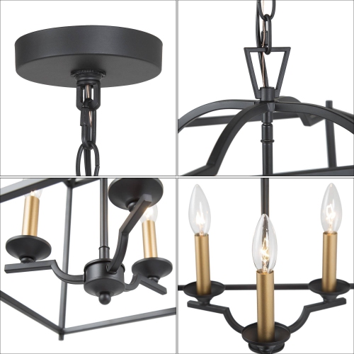 Modern Farmhouse Dining Room Chandelier, 3-Light Black Rectangle Lantern In Gold Candle Style