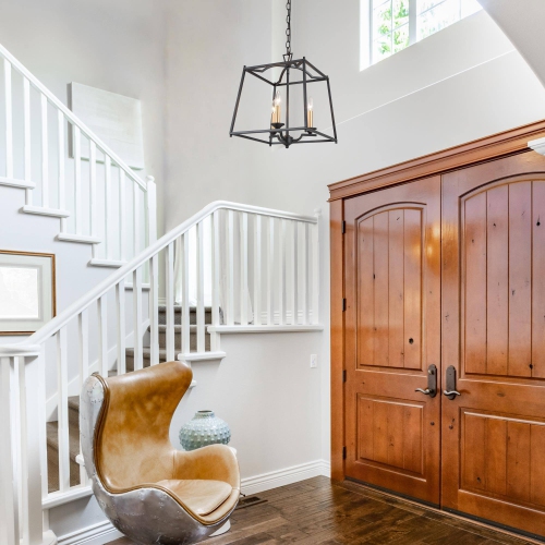 Modern Farmhouse Dining Room Chandelier, 3-Light Black Rectangle Lantern In Gold Candle Style