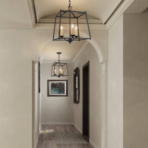 Modern Farmhouse Dining Room Chandelier, 3-Light Black Rectangle Lantern In Gold Candle Style