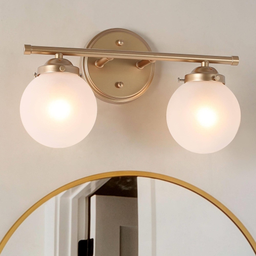 UOLFIN  Farmhouse Bathroom Vanity Light, 14 In. 2-Light Modern Powder Room Wall Sconce Light With Frosted Glass Shades In Gold