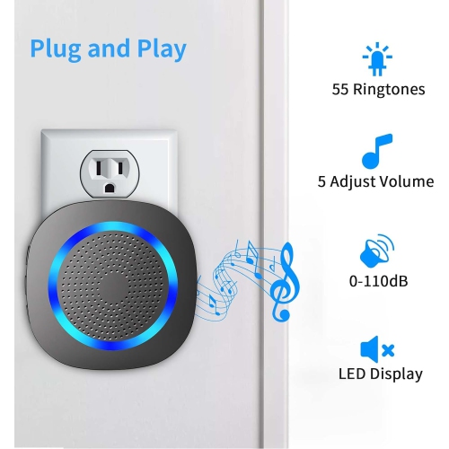 Wireless Doorbell Easy Installation Waterproof Door Bell with Adjustable Volume 55 Ringtones LED Indicator 1300Ft Range,1 Button 2 PlugIn