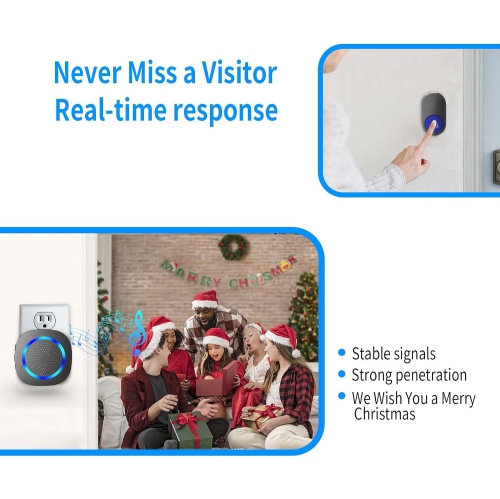 Wireless Doorbell Easy Installation Waterproof Door Bell with Adjustable Volume 55 Ringtones LED Indicator 1300Ft Range,1 Button 2 PlugIn