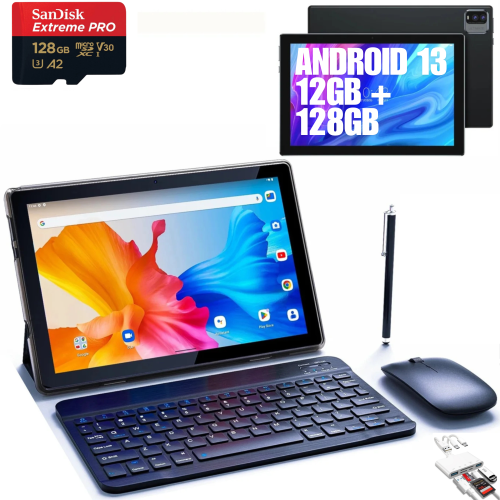 TUTT 10” Tablet Android 13 Keyboard, Mouse, Case, Stylus, 128GB ROM+12GB RAM | Dual Camera CP20 128GB SanDisk
