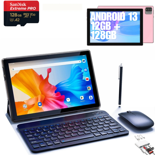 TUTT 10” Tablet Android 13 Keyboard, Mouse, Case, Stylus, 128GB ROM+12GB RAM | Dual Camera CP20 128GB SanDisk