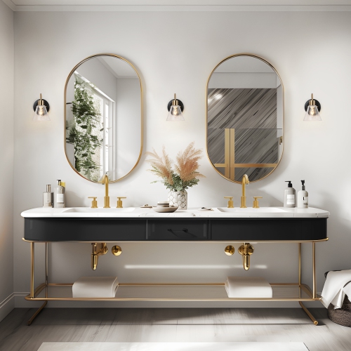 Gold Bathroom Vanity Wall Sconce, 5-in W 1-Light Matte Black and Brass Gold with Seeded Glass Shade Modern/Contemporary LED Wall Sconce