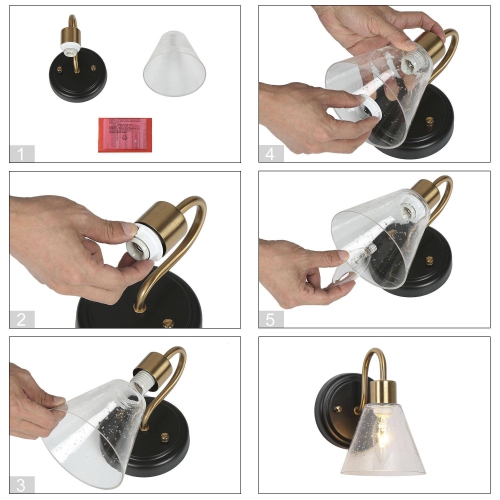 Gold Bathroom Vanity Wall Sconce, 5-in W 1-Light Matte Black and Brass Gold with Seeded Glass Shade Modern/Contemporary LED Wall Sconce